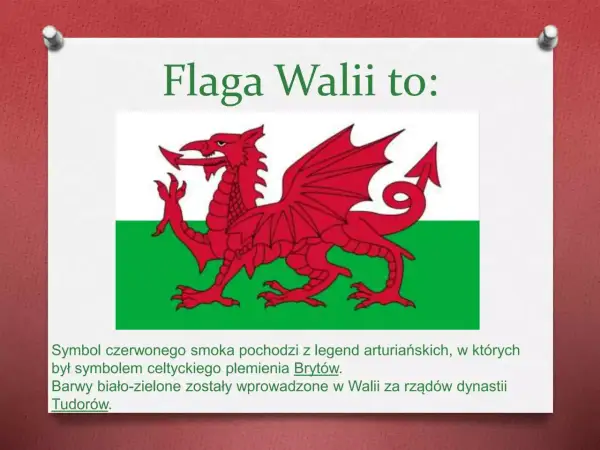 Godło Walii: czerwony smok na tle zielono-białym. Symbol pochodzi z legend arturiańskich, związany z celtyckim plemieniem Brytów.