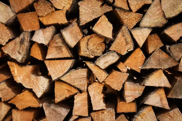 Stapel von gespaltenem Holz, einige Stücke zeigen deutliche Jahresringe, was auf eschen hartholz oder weichholz hindeutet.