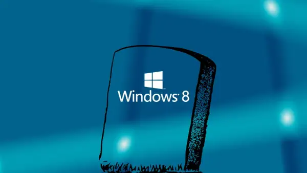 Logo Windows 8 na tle gradientu niebieskiego. Stylizowana, czarna ramka z ozdobnymi wzorami otacza logo.