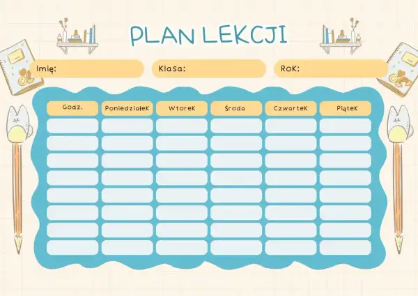 Uroczy plan lekcji z miejscem na imię, klasę i rok. Nowy przedmiot w szkole? Wpisz go tutaj!