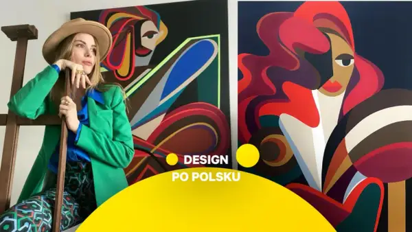 Młoda artystka w stylowym stroju pozuje na tle swoich abstrakcyjnych obrazów. Jej dzieła to kolorowe, geometryczne portrety kobiet, pełne dynamiki i wyrazu.