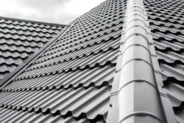 Szary dach z blachodachówki, która jest tańsza niż dachówka ceramiczna. Widoczny grzbiet dachu i jego nachylenie.
