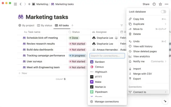 Interface Notion avec une liste de tâches marketing. Un menu contextuel affiche des options comme "Connect to" pour gérer les connexions, suggérant l'utilisation de la notion api.