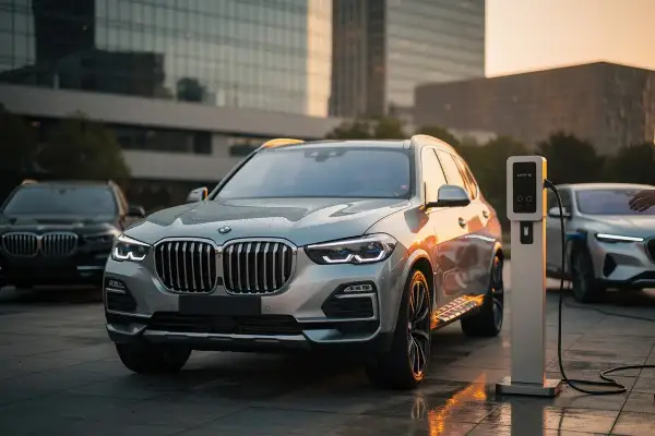 Un elegante BMW X5 2026, argento metallizzato, si ricarica accanto a un'altra BMW.