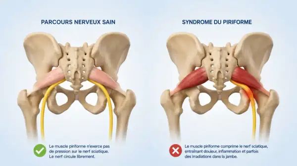 Comparaison anatomique : un muscle piriforme sain et un muscle piriforme contracturé comprimant le nerf sciatique, causant douleur et inflammation.