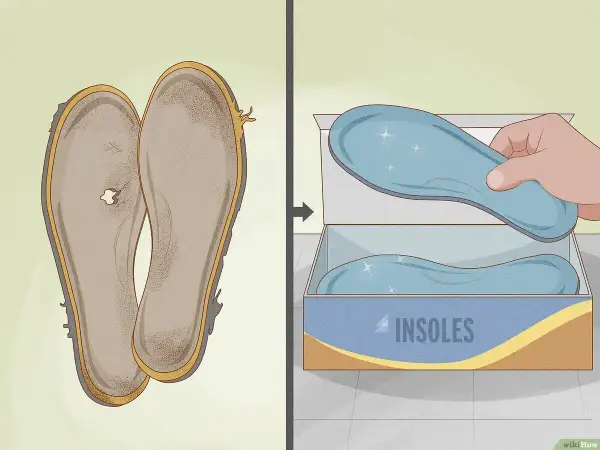 Solette usurate e bucate a sinistra, solette nuove e brillanti in una scatola a destra. Impara come lavare le solette delle scarpe per farle sembrare nuove.