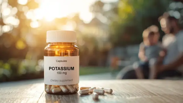 Butelka kapsułek POTASSIUM 100 mg. Czy cytrynian potasu jest szkodliwy? W tle ojciec z dzieckiem.