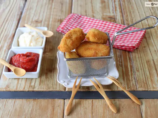Croquetas de gambas doradas y crujientes en una cesta metálica, acompañadas de ketchup y mayonesa.