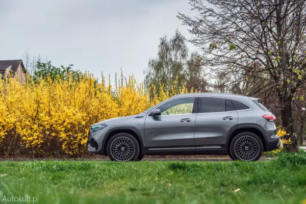 Szary Mercedes EQA na tle kwitnącej forsycji i drzew.