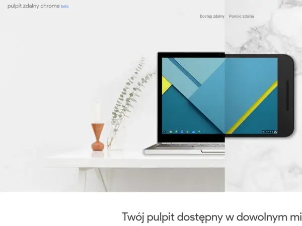 Dostęp do pulpitu zdalnego na laptopie i tablecie, z ikoną "splashtop" w tle.