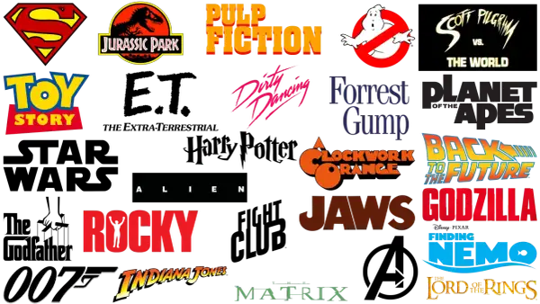 A collage of iconic movie logos, including Superman, Jurassic Park, Pulp Fiction, Ghostbusters, Scott Pilgrim vs. the World, Toy Story, Dirty Dancing, Forrest Gump, Planet of the Apes, A Clockwork Orange, Back to the Future, Alien, Rocky, Jaws, Godzill...