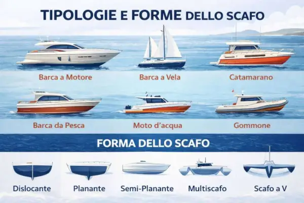 Illustrazione di diverse tipologie di barche e forme dello scafo: barca a motore, a vela, catamarano, da pesca, moto d'acqua, gommone, dislocante, planante, semi-planante, multiscafo e a V.