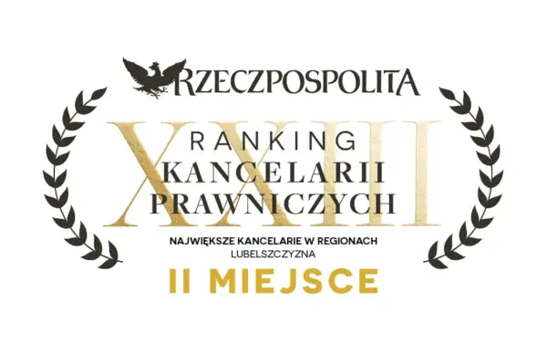 Grafika z godłem Polski, wieńcem laurowym i napisem "Ranking Kancelarii Prawniczych II Miejsce".