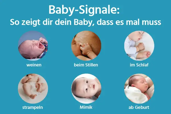Baby-Signale: Ein Baby strampelt viel, weint, zeigt Mimik, schläft oder ist beim Stillen. So zeigt es, dass es mal muss.
