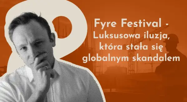 Fyre Festival - luksusowa iluzja, która stała się globalnym skandalem. Czarno-biały portret mężczyzny na tle budowy i żurawi.