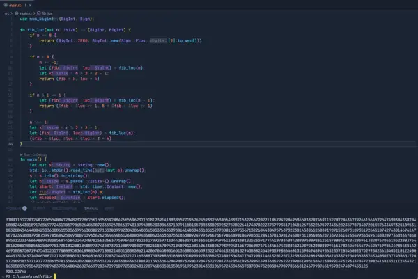 Code Rust implémentant la suite de Fibonacci avec `num_bigint`. Le code utilise une approche récursive pour calculer les nombres de Fibonacci.