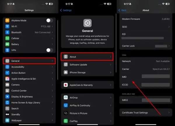 Sprawdzanie IMEI iPhone: Ustawienia > Ogólne > To urządzenie. Widoczny numer IMEI.