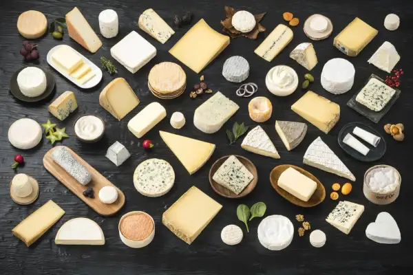 Un assortiment de fromages variés, évoquant la richesse de la région Salers, est présenté sur un fond sombre.