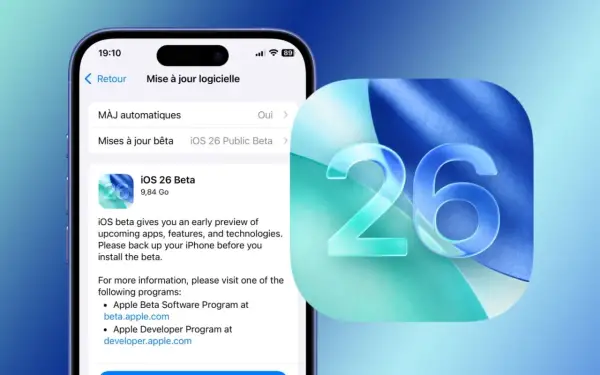 Ekran iPhone'a z opcją pobrania iOS 26 Beta. Obok duży znak "26" na niebieskim tle.
