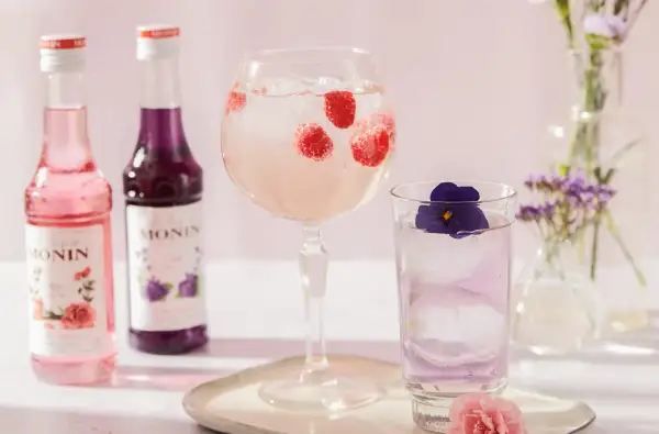 Dwa Monin syropy, malinowy drink w kielichu i fioletowy w szklance. Najprostsze drinki na lato.