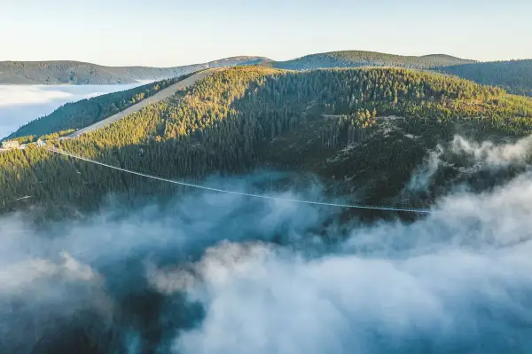 Długi, wiszący most w Czechach przecina gęsty las, unosząc się nad morzem mgieł.