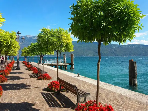 Viste incantevoli per le passeggiate a Gargnano, con alberi verdi, fiori rossi e il lago scintillante.