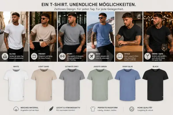 T-Shirts für jede Gelegenheit: ab wie viel Grad T-Shirt tragen? Diese vielseitigen Shirts sind perfekt für Alltag, Freizeit, Sport, Reisen, Büro und Abend.