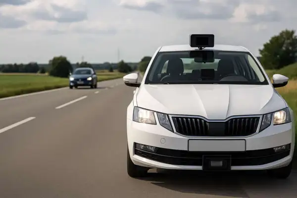 Voiture radar blanche sur la route, avec un autre véhicule au loin. L'appareil sur le toit mesure à quelle distance flash une voiture radar.