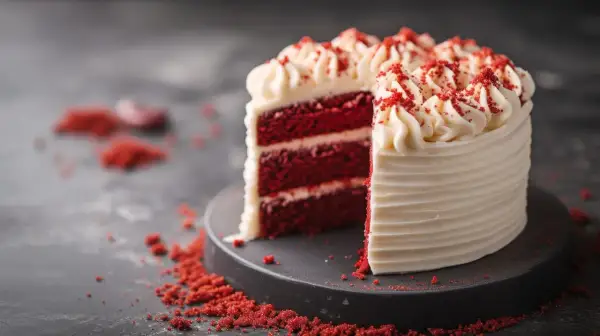 Una fetta di torta red velvet, con strati di pan di spagna rosso intenso e crema bianca, decorata con briciole rosse.
