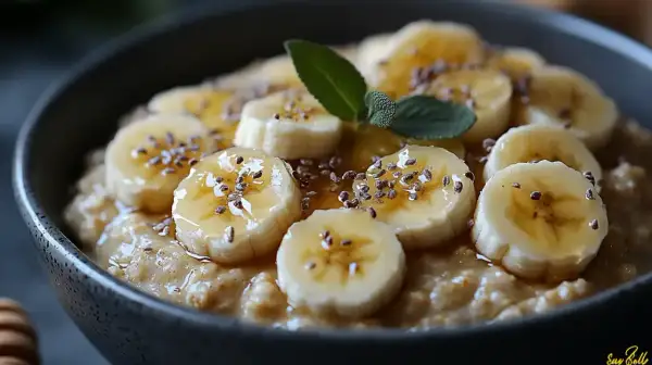 Pyszna owsianka z bananem, miodem i nasionami chia. Idealny pomysł, jak zrobić owsiankę na zdrowe śniadanie.