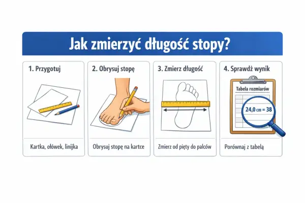 Ilustracja przedstawia 4 kroki mierzenia długości stopy: przygotowanie, obrys, pomiar i sprawdzenie wyniku w tabeli rozmiarów.
