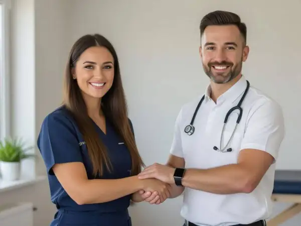 Un osteopata e un ortopedico si stringono la mano, sorridendo.