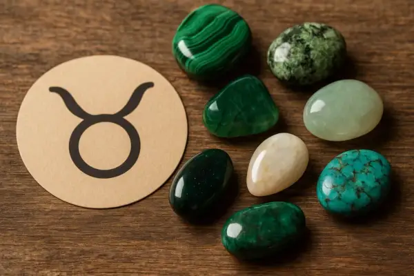 Symbol znaku zodiaku Byk obok kolekcji zielonych i turkusowych kamieni. Idealny kamień dla byka, który ceni sobie stabilność i piękno natury.