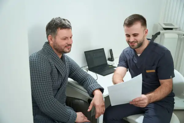 Lekarz w granatowym uniformie pokazuje pacjentowi w szarym szlafroku dokumenty.