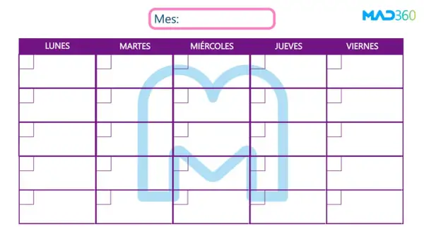 Un calendario de estudio con los días de la semana (Lunes a Viernes) y filas para organizar tareas. Ideal para planificar tu mes.