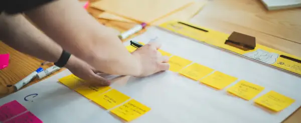Ręce układają żółte karteczki z notatkami, tworząc mapę myśli. To kluczowy etap planowania strategii firmy.