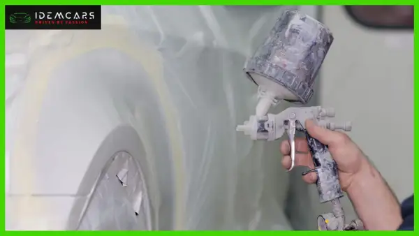 Mano che tiene una pistola a spruzzo per verniciare auto su vernice esistente, con la carrozzeria protetta da teli.