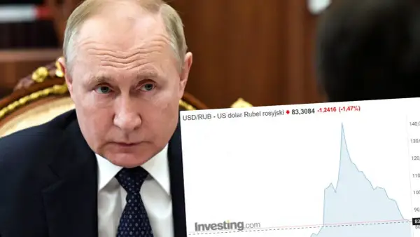 Władimir Putin na tle wykresu pokazującego wahania kursu rubla rosyjskiego.