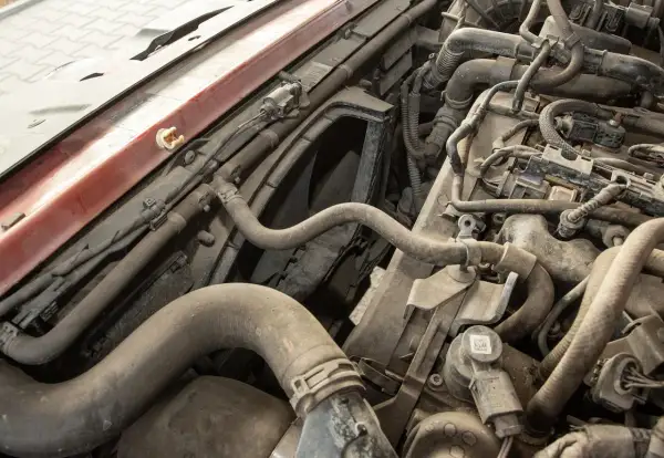 Wnętrze silnika samochodu, pełne przewodów i rurek. Widać fragmenty metalowe i plastikowe, a także kurz. W tle wentylator.