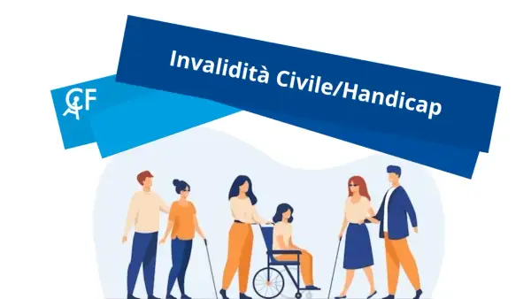 Persone con disabilità, tra cui una in sedia a rotelle e persone con bastoni, supportate da chi le accompagna. Invalidità civile/handicap.