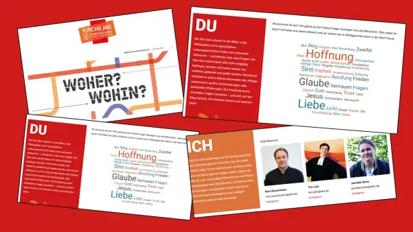 Wortwolke mit Begriffen wie Hoffnung, Glaube, Liebe, Sinn, Licht, Gnade, Freude, Ziel, die zum Nachdenken über den Lebensweg anregen.