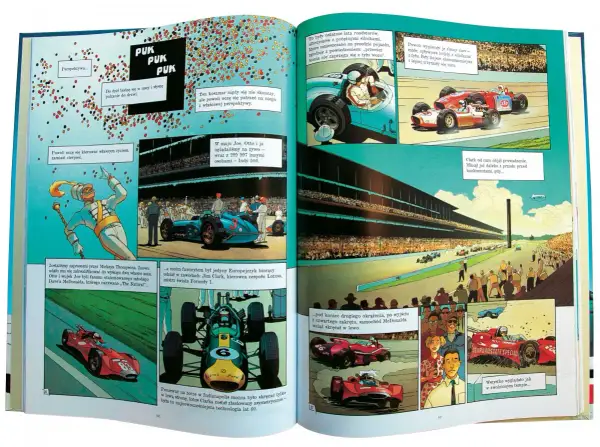 Komiksowe **książki o motoryzacji** przedstawiają wyścigi Indy 500, legendarnych kierowców i historyczne bolidy.