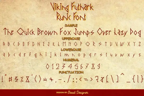 Viking Futhark rune font sample showing uppercase, lowercase, numerals, and punctuation in a stylized, ancient script.