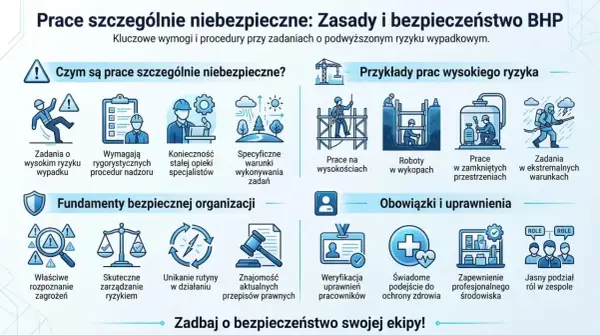 Wykaz prac szczególnie niebezpiecznych: zasady BHP, przykłady prac wysokiego ryzyka, fundamenty bezpiecznej organizacji, obowiązki i uprawnienia.