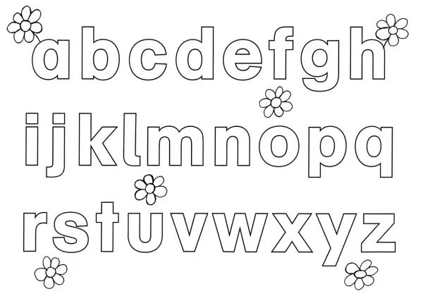 Kleine Buchstaben zum Ausmalen und buchstaben schreiben lernen zum ausdrucken. Das Alphabet von a bis z mit kleinen Blumen verziert.