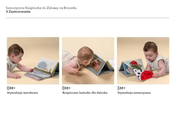 Niemowlę bawi się miękką książeczką sensoryczną, która stymuluje zmysły.