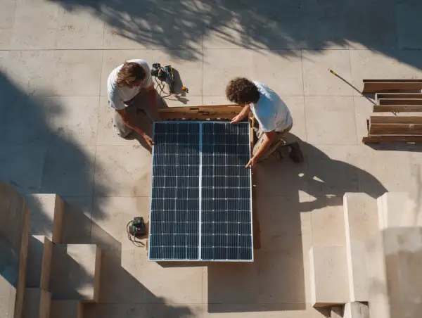 Dos hombres instalan paneles solares. ¿Cuántas placas solares necesito para 3000w?