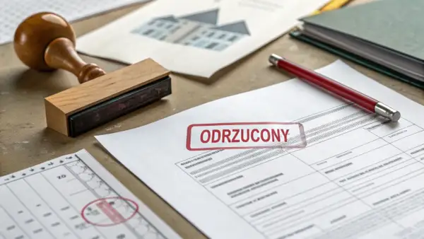 Dokument z pieczątką "ODRZUCONY" i pieczęcią, sugerujący zgłoszenie samowoli budowlanej.