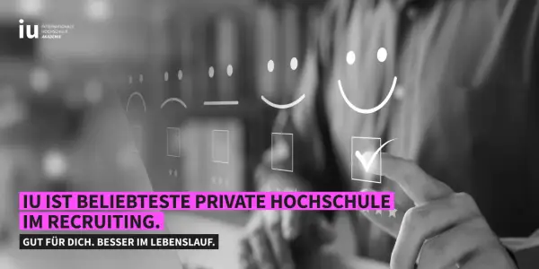 Daumen hoch für die IU! Die IU ist die beliebteste private Hochschule im Recruiting. Perfekt für deine Fortbildung und deinen Lebenslauf.