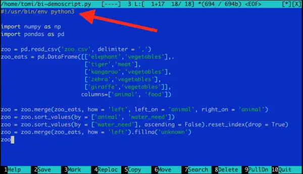 Le script Python commence par le shebang `#!/usr/bin/env python3`, suivi de l'importation de pandas pour manipuler des données de zoo.